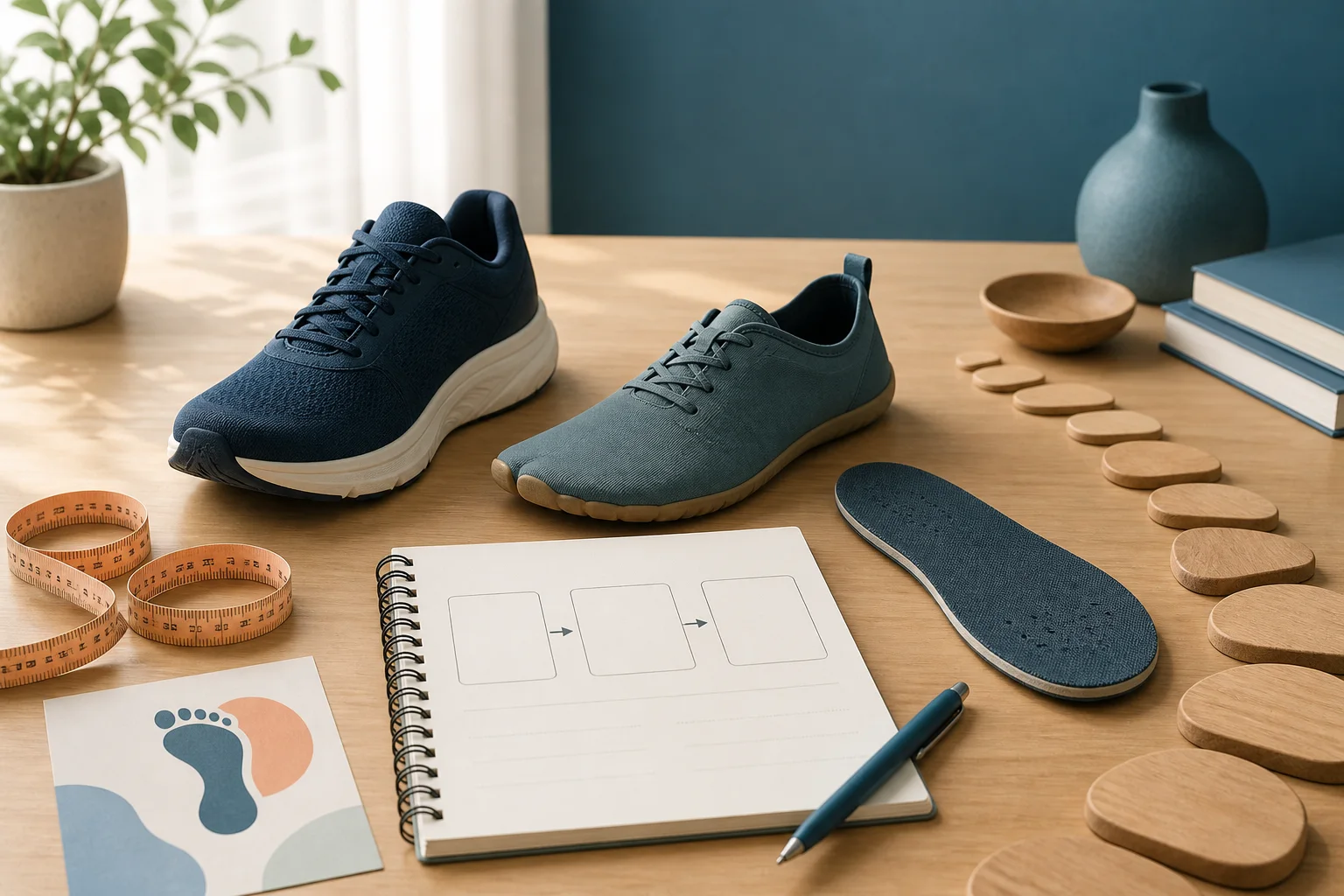 Zapatilla convencional y calzado minimalista junto a una plantilla y un cuaderno de decisión