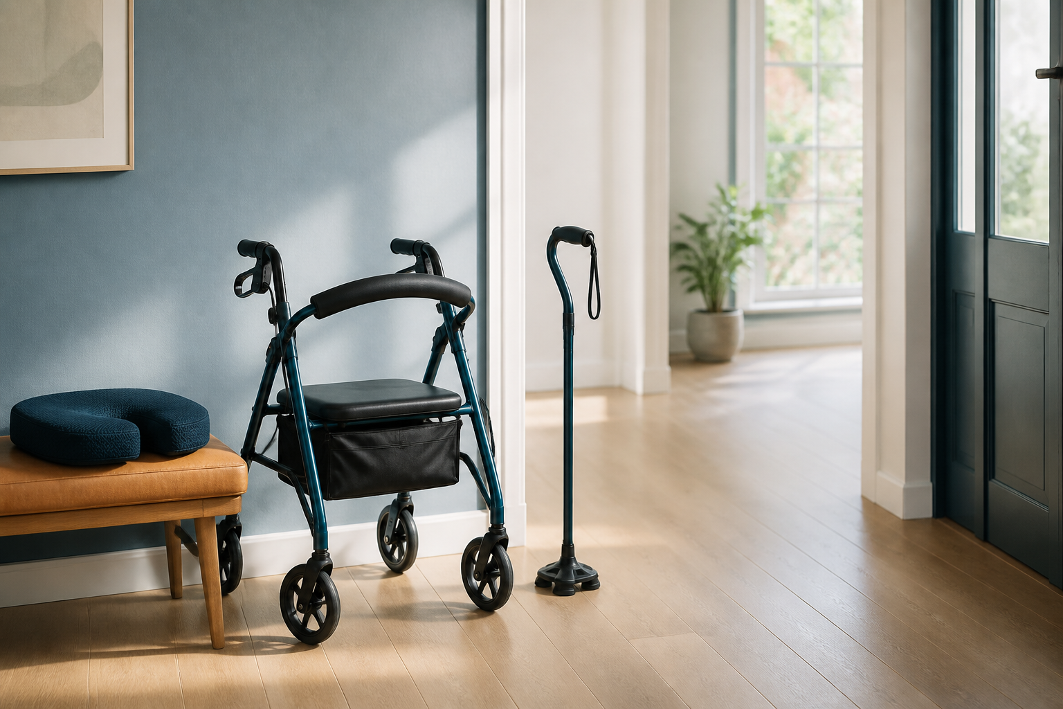 Andador con asiento, bastón y cojín de apoyo junto a un recorrido doméstico despejado